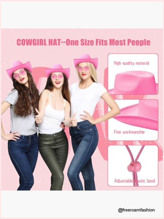 3x Pink Cowgirl Hats with Bandanas & Heart Sunglasses, Adult Felt Hat Set main image 6